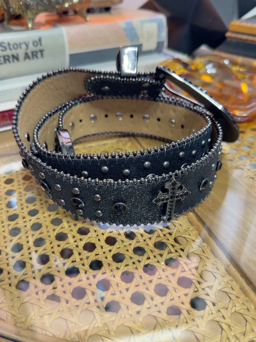 Y2K Black Rhinestone Cross Studded Western Belt 35”